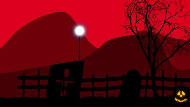 3d illustration of red sky and red mountains and pumpkin under a tree on a graveyard. Halloween concept.