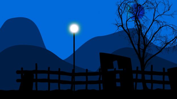 3d illustration of blue sky and blue mountains and a tree and a lamppost on a graveyard.