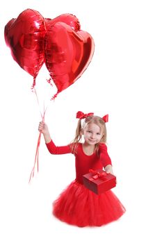 Girl in red with heart-shaped balloons and gift over white