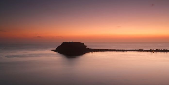 Barrenjoey Headland, Pittwater, Palm Beach scenic panorama during dawn pre sunrise and mystical sea fog. Long Exposure.