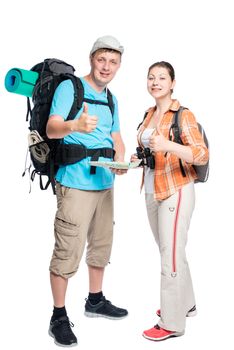 happy travelers enjoy traveling with backpacks on a white background