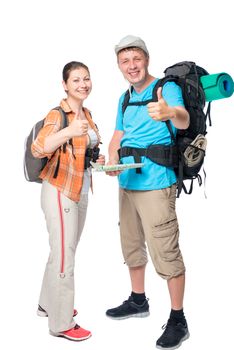 Successful travelers with backpacks on a white background in studio