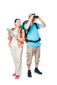 man looking through binoculars woman holding a map isolated active travelers