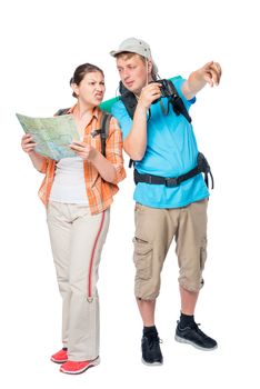 lost a couple of tourists with backpacks on a white background