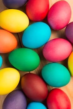 bunch of colorful Easter eggs close-up background