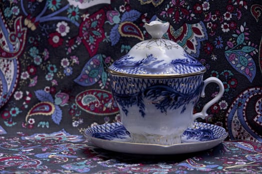 Luxurious tea cup saucer porcelain Blue gold floral pattern