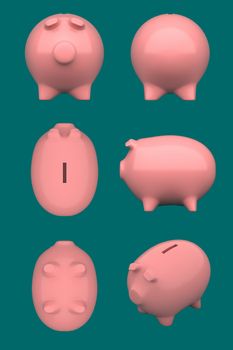 DIFFERENT VIEWS OF ISOLATED PIGGY BANK