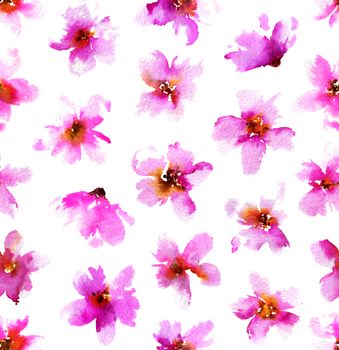 Watercolor pattern with pink flowers on white background. Seamless floral background. Hand painted illustration.