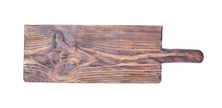 Old long rough wooden cutting board with a handle isolated on a white background