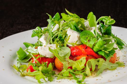 Warm salad with Tomatoes, ruccola, spinach, cooked bell pepper and cheese served on white plate