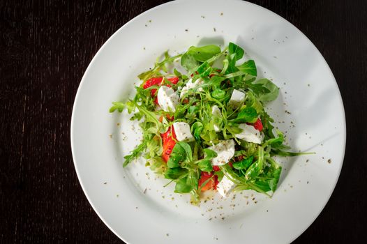 Warm salad with Tomatoes, ruccola, spinach, cooked bell pepper and cheese served on white plate