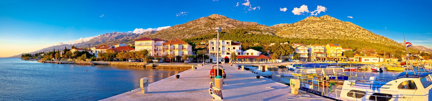 Starigrad Paklenica waterfront at sundown panoramic view, Velebit channel in Croatia