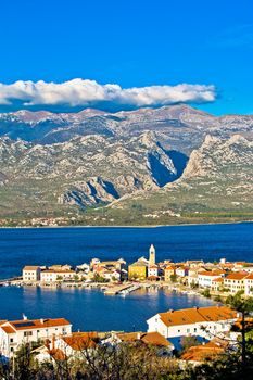 View of Town of Vinjerac with Velebit mountain Paklenica national park background, vertical view, Croatia