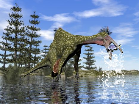 Deinocheirus dinosaur fishing by day - 3D render