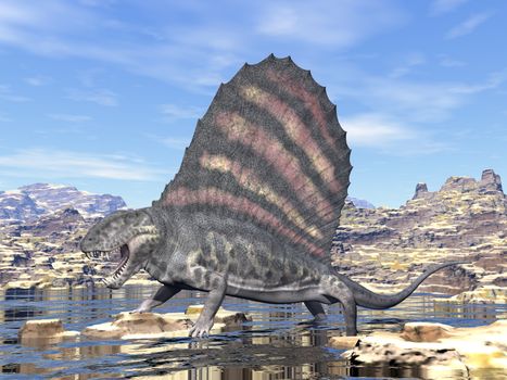 Dimetrodon standing in a pond in the desert by day - 3D render