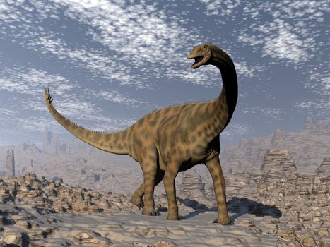 Spinophorosaurus dinosaur walking in the desert by day- 3D render