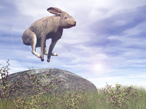 Hare jumping over a rock by sunny day - 3D render