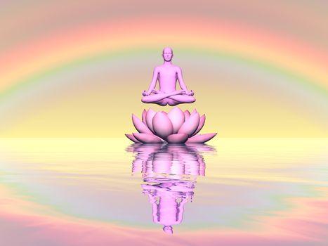 Man meditating upon single lily lotus flower and water in rainbow sunset background - 3D render