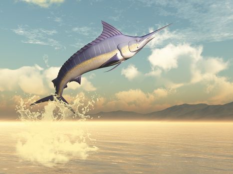 Marlin fish jumping by sunset - 3D render
