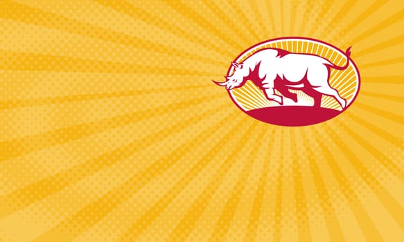 Business card showing Illustration of a rhinoceros charging side view set inside oval done in retro style.


