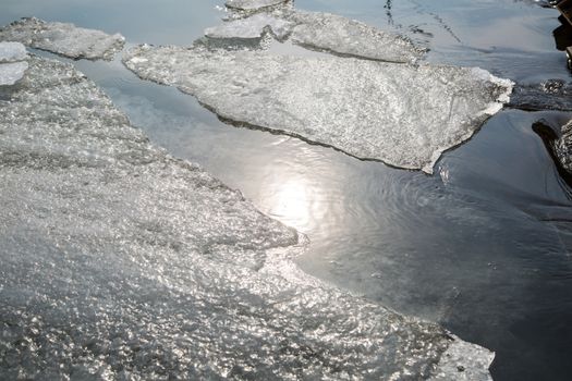 Spring ice on the lake and sun rays ,march