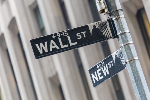 Wall street sign on street of New York City, USA.