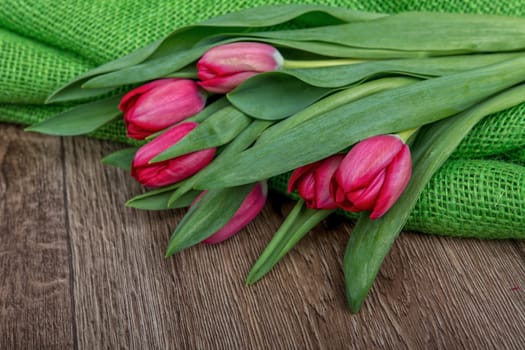 Red tulips on the green background of burlap
