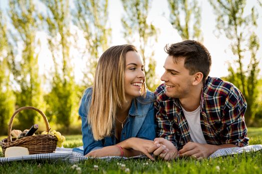 Shot of a beautiful couple on the park having fun together while making a picnic