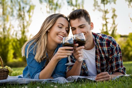 Shot of a beautiful couple on the park making a picnic and drinking wine