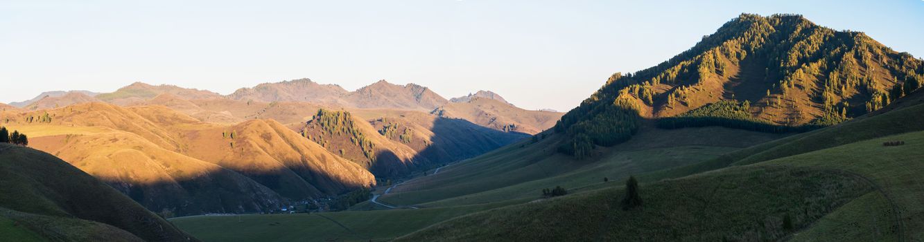 Village landscape panorama in the evening, Siberia, Russia