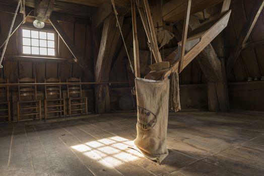 Wooden interior of the historic corn mill Bataaf in Winterswijk in the Netherlands

