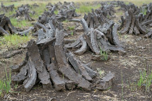 turf stacked up for the bog winds to dry in county kerry on the wild atlantic way of ireland