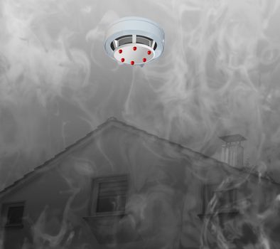 
Smoke detector on the ceiling with red warning light sensor and smoke.