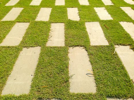 A cement walkway that is rectangular and surrounded by green grass.