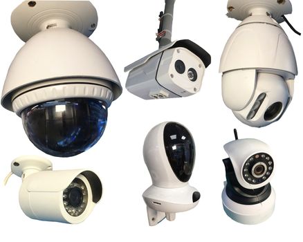 Outdoor and indoor CCTV Group of monitoring, security cameras  isolated on white background.