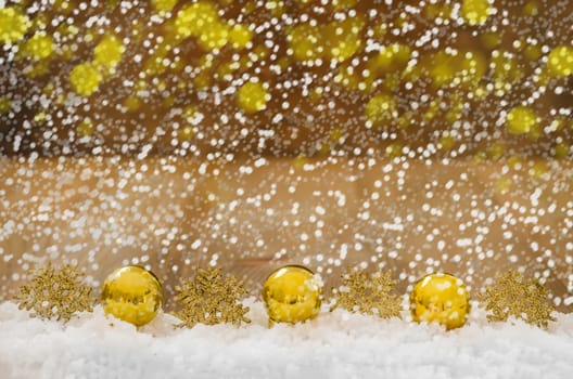 Christmas Decoration With Snow Over Wooden Background