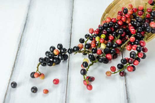 Thai Blueberry in bamboo basket over wooden background , still life