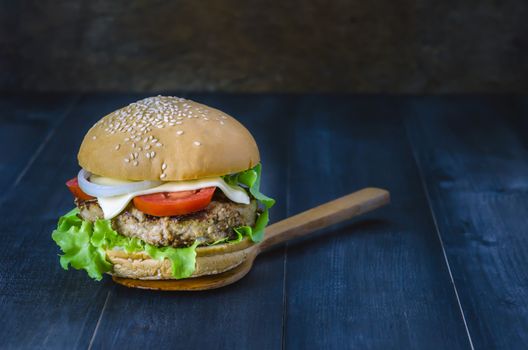 Closeup of home made burgers on wooden background