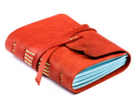 Luxury Handmade Leather Orange Notepad with Blue Paper isolated on White background