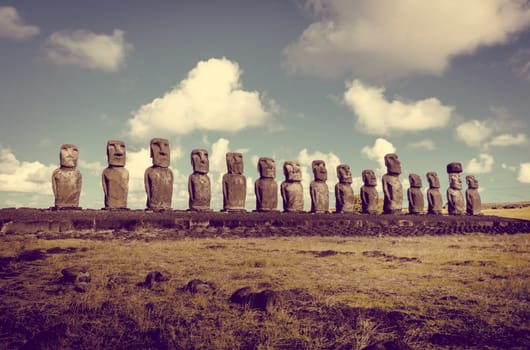 Moais statues, ahu Tongariki, easter island, Chile