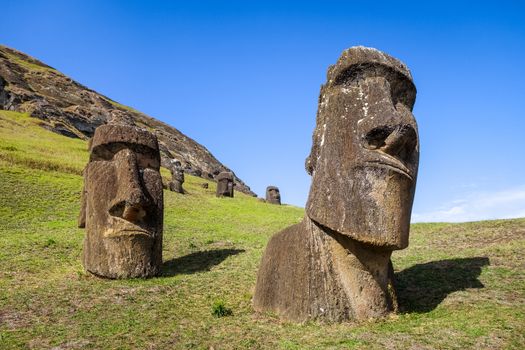 Moais statues on Rano Raraku volcano, easter island, Chile