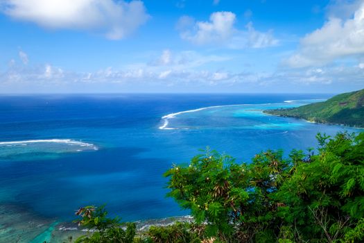 Aerial view of Opunohu Bay and lagoon in Moorea Island. French Polynesia