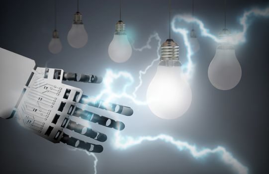 Robot hand lighting bulb with a bolt of lightening electricity