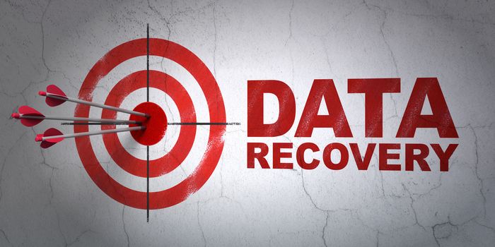 Success Information concept: arrows hitting the center of target, Red Data Recovery on wall background, 3D rendering