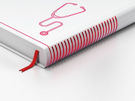 Healthcare concept: closed book with Red Stethoscope icon on floor, white background, 3D rendering