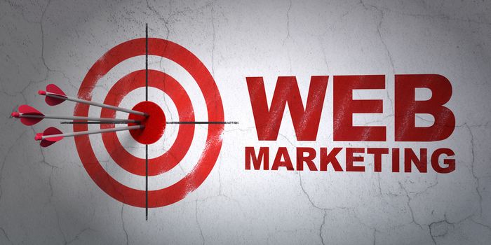 Success web development concept: arrows hitting the center of target, Red Web Marketing on wall background, 3D rendering