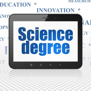 Science concept: Tablet Computer with  blue text Science Degree on display,  Tag Cloud background, 3D rendering