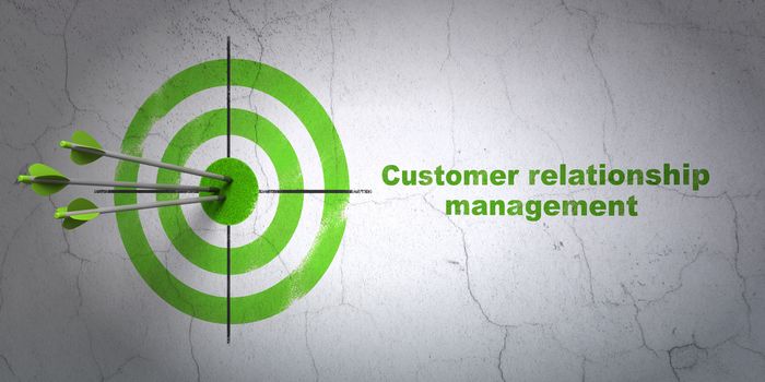 Success marketing concept: arrows hitting the center of target, Green Customer Relationship Management on wall background, 3D rendering