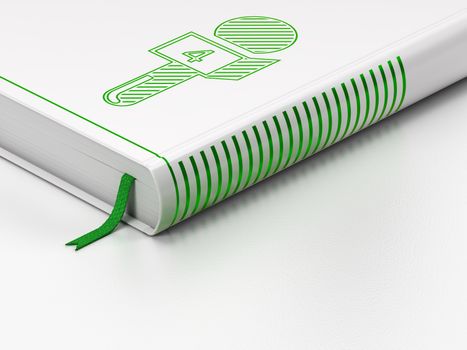 News concept: closed book with Green Microphone icon on floor, white background, 3D rendering