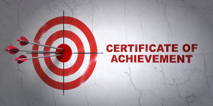 Success Studying concept: arrows hitting the center of target, Red Certificate of Achievement on wall background, 3D rendering